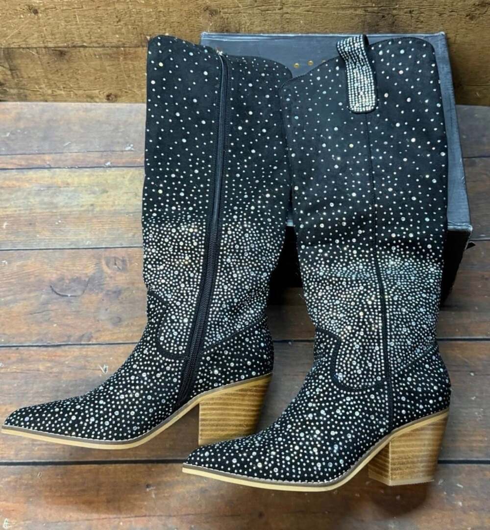 Arider Girl Shine Suede Cowgirl Boots Size 6 Black Silver Rhinestone